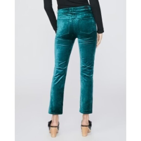 PAIGE Cindy Twisted-Seam Velvet Jeans Midnight Cyan Green Split Ankle SZ 31 NEW - Picture 2 of 3